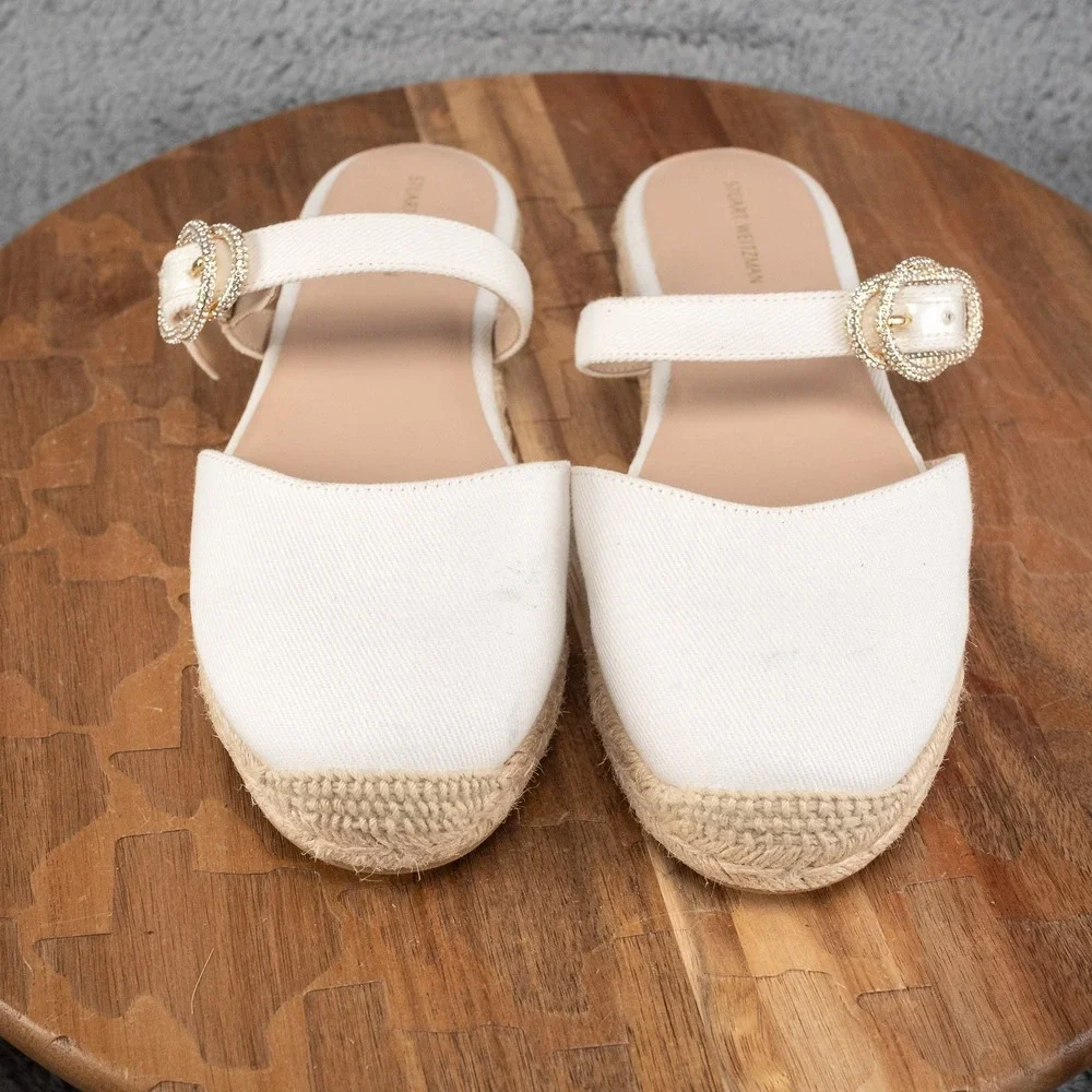 Stuart Weitzman Crystal Buckle Espadrille Mule in White Sz: 7 Women $395
